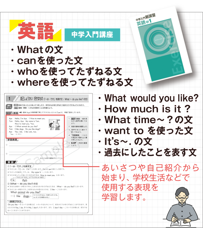 英語 中学入門講座：What の文/can を使った文/who を使ってたずねる文/where を使ってたずねる文/What would you like?/How much is it ?/What time〜？の文 / want to を使った文/It’s〜.の文/過去にしたことを表す文/あいさつや自己紹介から始まり、学校生活などで使用する表現を学習します。